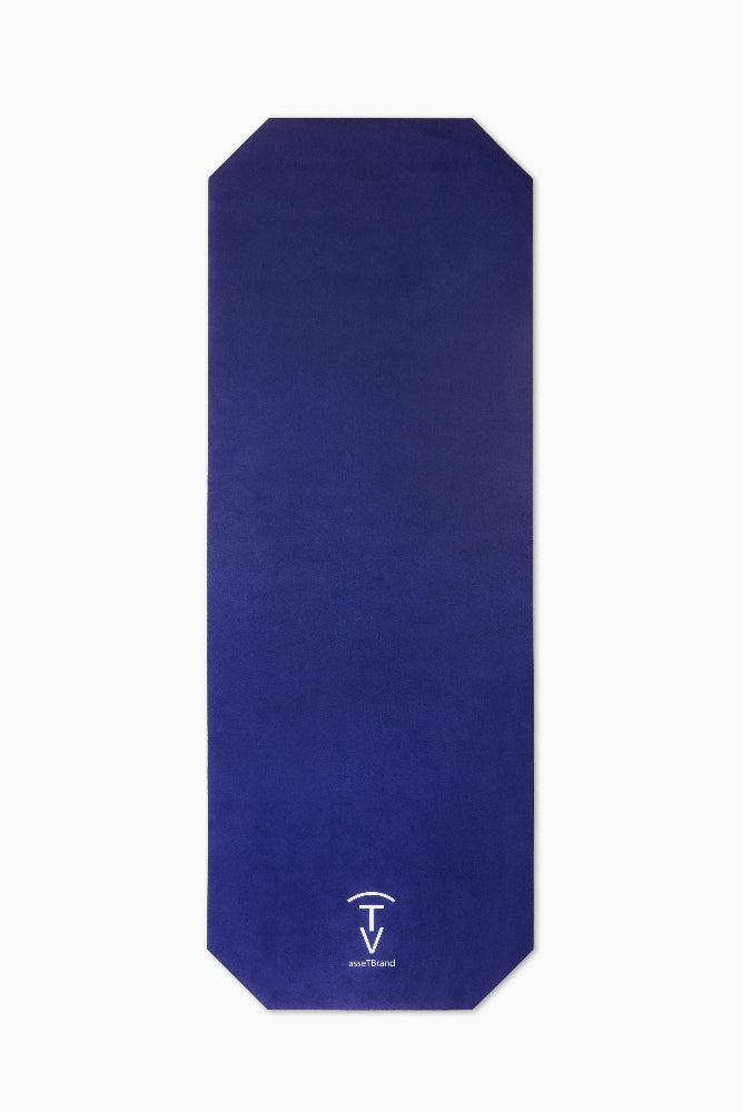 Navy blue machine-washable yoga mat with soft microfiber suede surface and minimalist design