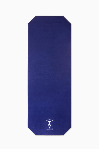 Navy blue machine-washable yoga mat with soft microfiber suede surface and minimalist design
